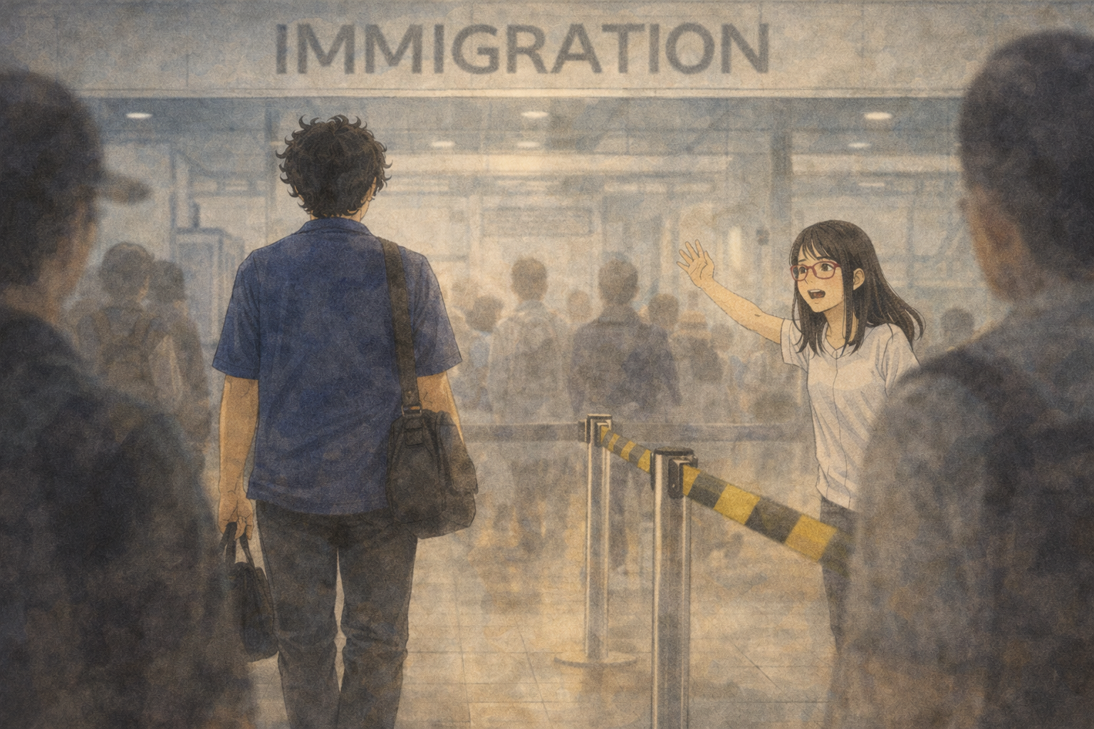 After the airport goodbye — the roles reversed, she walks away, he stays behind.